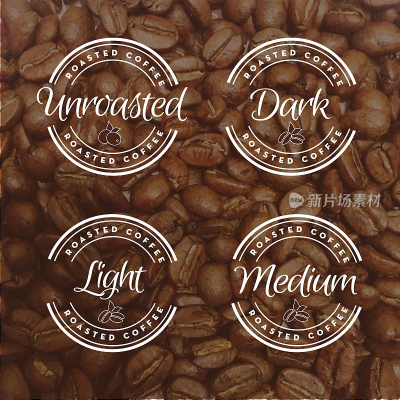 Set of assorted Roasted Coffee round labels on coffee bean on coffee bean textured background
